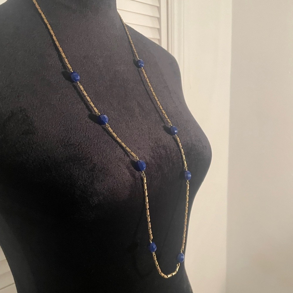 JCrew Brushed Gold and Blue Beaded Necklace